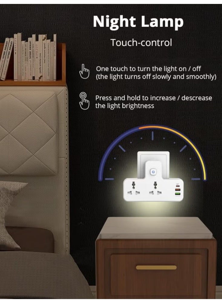 PEGANT 3-in-1 Power Extension Socket with 20W USB-C PD Fast Charging, 2 AC Outlets + 2 USB-A Ports + 1 USB-C Port, Touch Night Light, Compact Multi Plug Adapter - Image 3